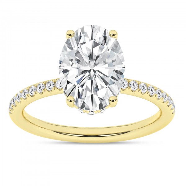 14K YELLOW GOLD ALL LAB GROWN OVAL ENGAGEMENT RING WITH  HIDDEN HALO AND DIAMOND SHANK