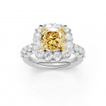 LAB GROWN  FANCY YELLOW CUSHION DIAMOND RING WITH DIAMOND HALO