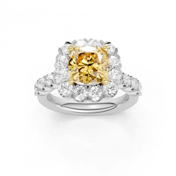 LAB GROWN  FANCY YELLOW CUSHION DIAMOND RING WITH DIAMOND HALO