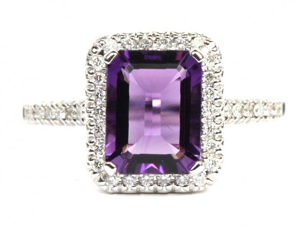 14K WHITE GOLD DIAMOND AND AMETHYST RING