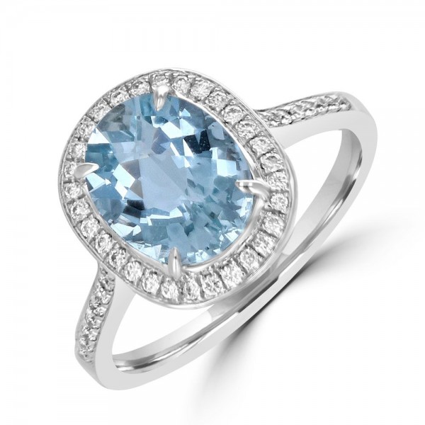18K White Gold Oval Aquamarine Ring With Diamond Halo