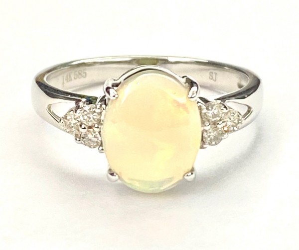 14K WHITE GOLD DIAMOND OVAL OPAL RING
