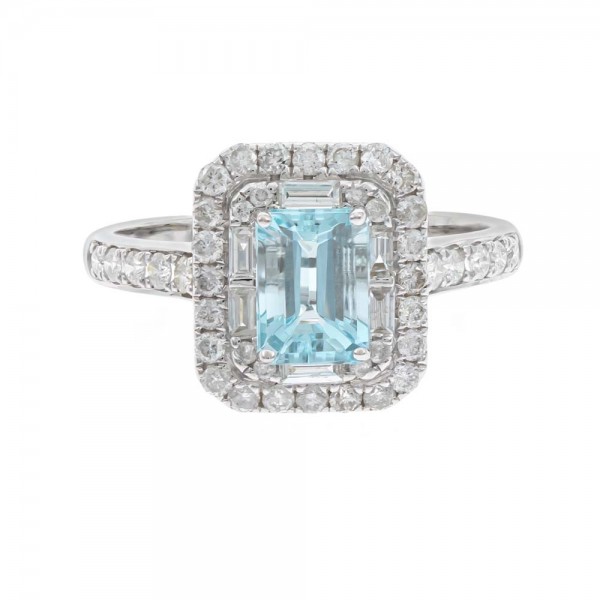 14K WHITE GOLD DIAMOND AND AQUAMARINE RING