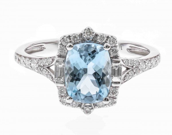 14K WHITE GOLD DIAMOND AND AQUAMARINE RING