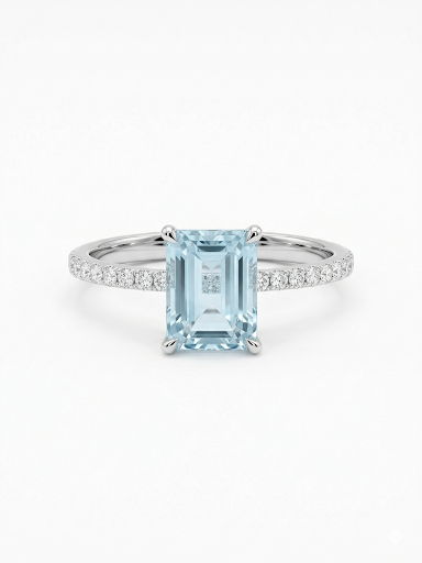 14K WHITE GOLD DIAMOND AND AQUA RING