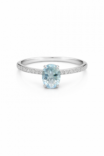 14K WHITE GOLD DIAMOND AND AQUAMARINE RING