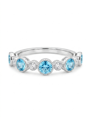 14K WHITE GOLD DIAMOND & AQUAMARINE BAND