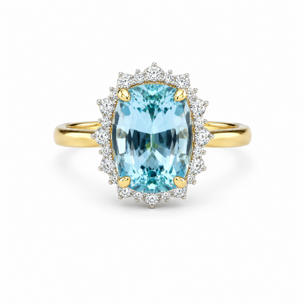 14K YELLOW GOLD DIAMOND & AQUAMARINE RING