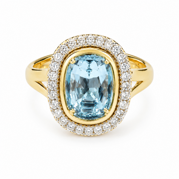 14K YELLOW GOLD DIAMOND & AQUAMARINE RING
