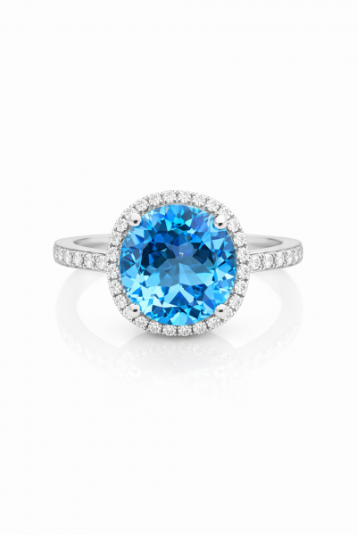 14K WHITE GOLD DIAMOND AND SWISS BLUE TOPAZ RING