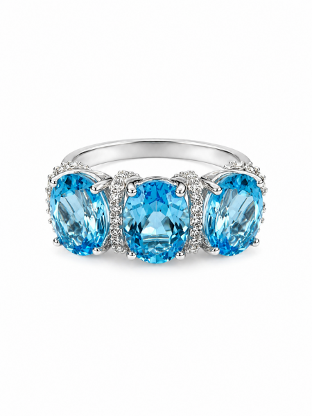 14K WHITE GOLD DIAMOND BLUE TOPAZ AND DIAMOND RING