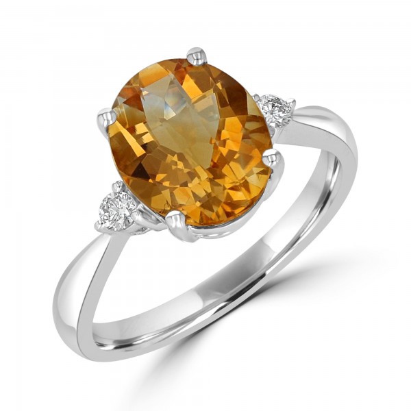 14K White Gold Oval Citrine And Diamond Ring