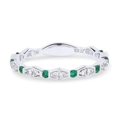 14K White Gold .08Ctw Diamond And .11Ctw Emerald Ring