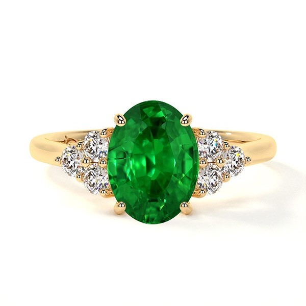 14K YELLOW GOLD OVAL EMERALD RING WITH ROUND DIAMONDS