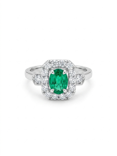 18K WHITE GOLD DIAMOND & EMERALD RING