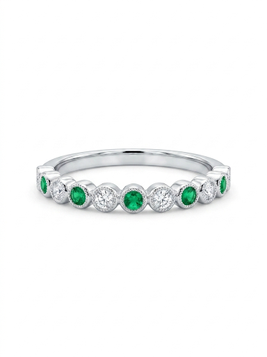 14K WHITE GOLD DIAMOND & EMERALD BAND