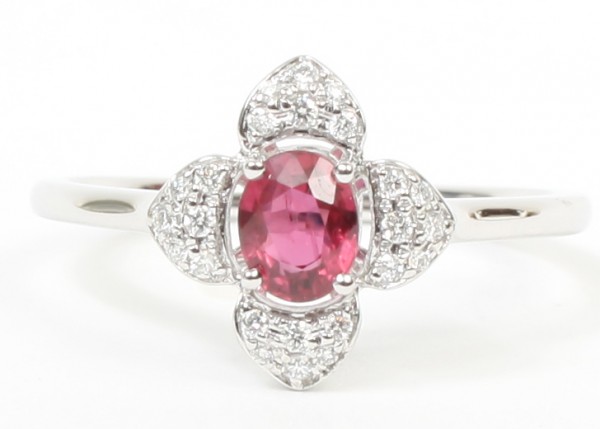 14K White Gold .08Ctw Diamond 1/2 Ruby Ring (24 Diamonds)