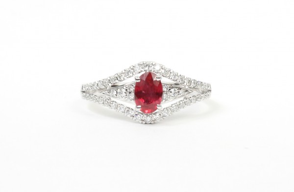 14K White Gold .30Ctw Diamond .58Ct Ruby Ring (50 Round Diamonds)