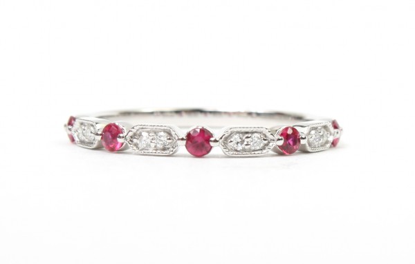 14K White Gold .05Ctw Diamond .20Ctw Ruby Band
