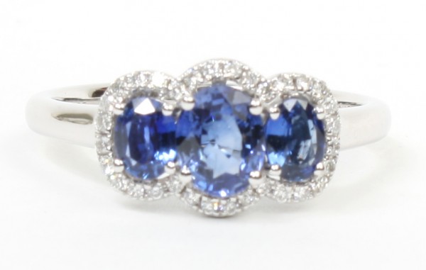 14K White Gold 1/7Ctw Diamond 1.3Ctw Sapphire Ring (32 Diamonds, 3 Sapphires)