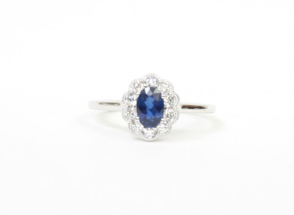 14K White Gold 1/4Ctw Diamond .55Ct Sapphire Ring (10 Diamonds)