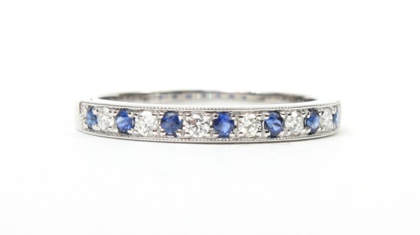 14K White Gold 1/8Ctw Diamond 1/6Ctw Sapphire Band