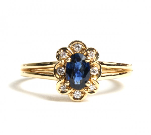 14K YELLOW GOLD SAPPHIRE AND DIAMOND FLORAL RING