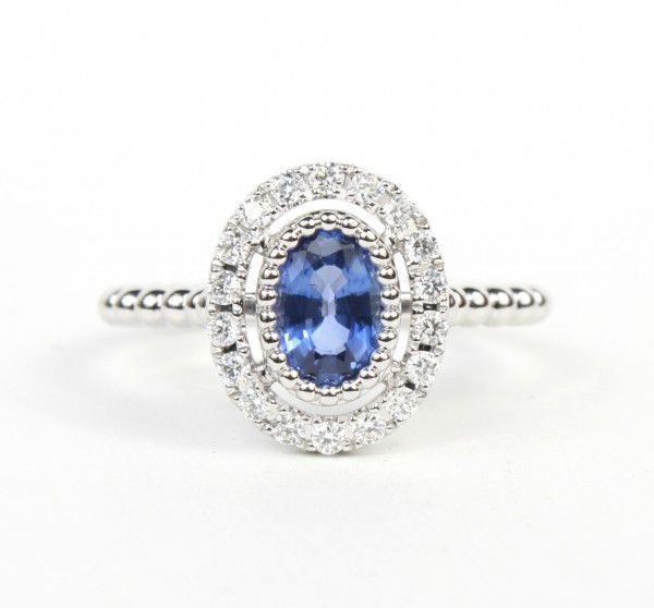 14K WHITE GOLD DIAMOND AND OVAL SAPPHIRE RING