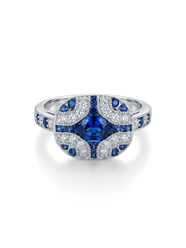 14K WHITE GOLD DIAMOND AND SAPPHIRE ART DECO STYLE RING