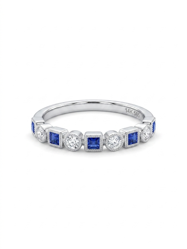 14K WHITE GOLD DIAMOND & SAPPHIRE BAND