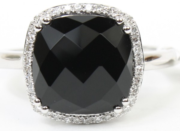 14K White Gold Black Agate And Diamond Ring