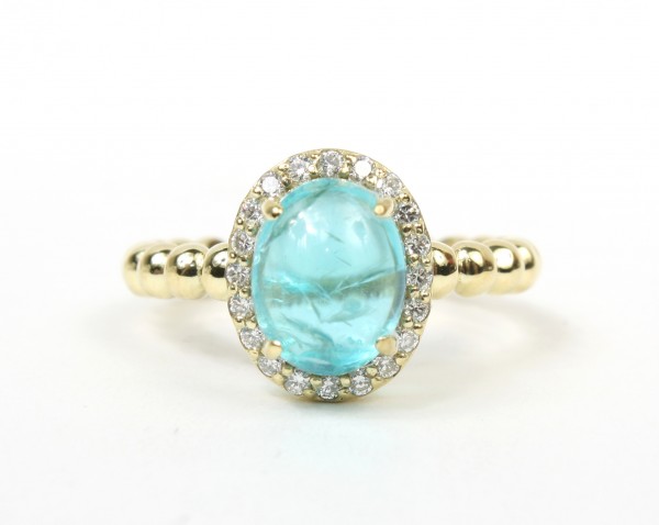 14K Gold Apatite And Diamond Ring With Beaded Shank