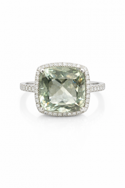 14K WHITE GOLD DIAMOND AND GREEN AMETHYST RING