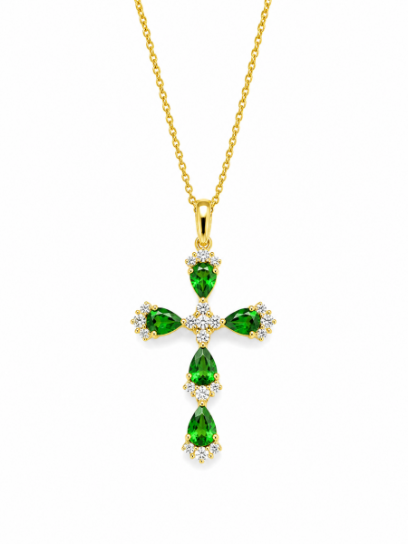 14K YELLOW GOLD DIAMOND & TSAVORITE CROSS