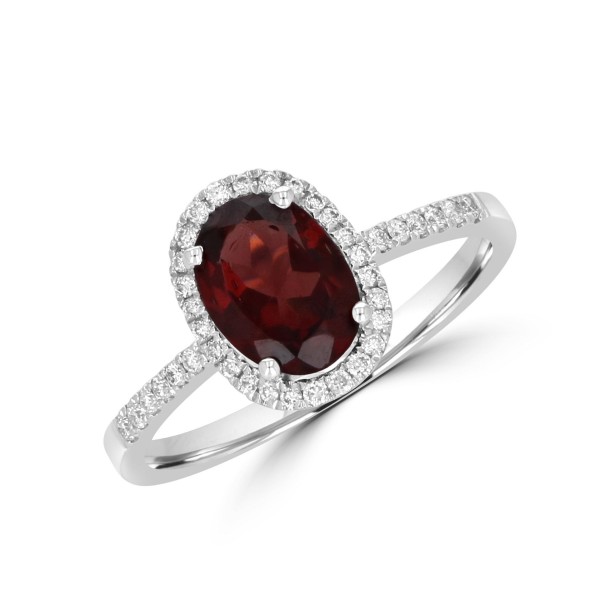 14K White Gold Oval Garnet And Diamond Halo Ring