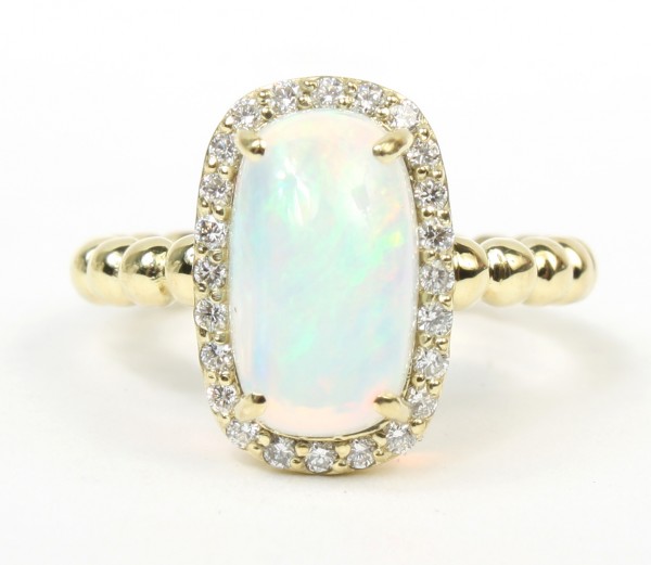 14K Gold Oval Opal And Diamond Ring