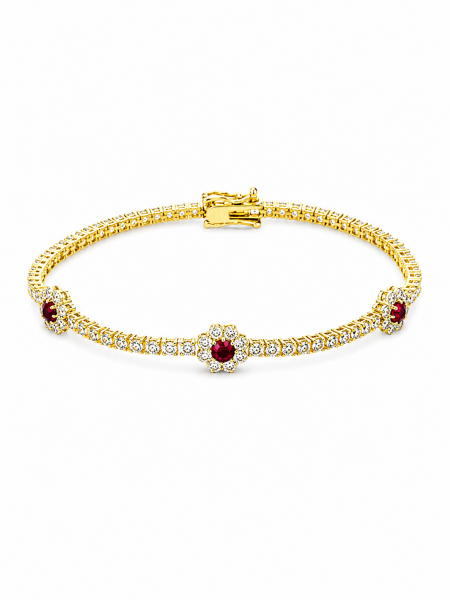 14K YELLOW GOLD DIAMOND & RUBY FLOWER BRACELET
