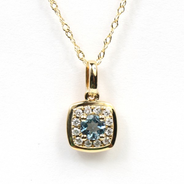 14K YELLOW GOLD AQUAMARINE AND DIAMOND HALO PENDANT NECKLACE