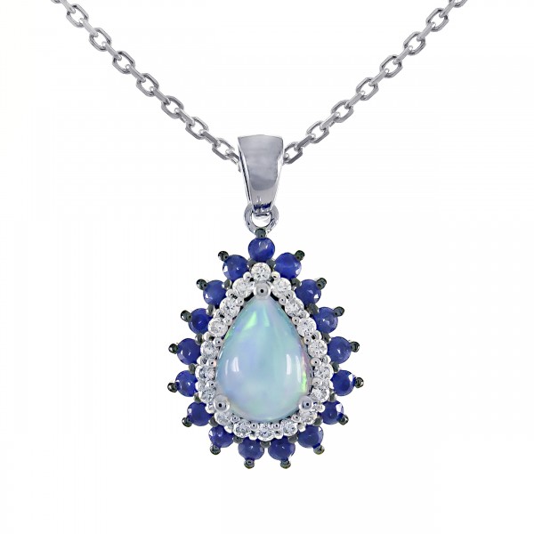 14K WHITE GOLD DIAMOND, OPAL & SAPPHIRE PENDANT