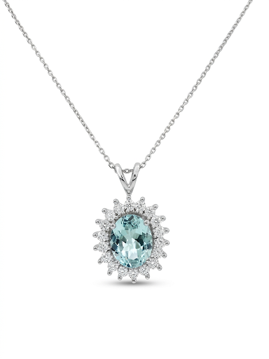 14K WHITE GOLD DIAMOND AND AQUAMARINE PENDANT NECKLACE
