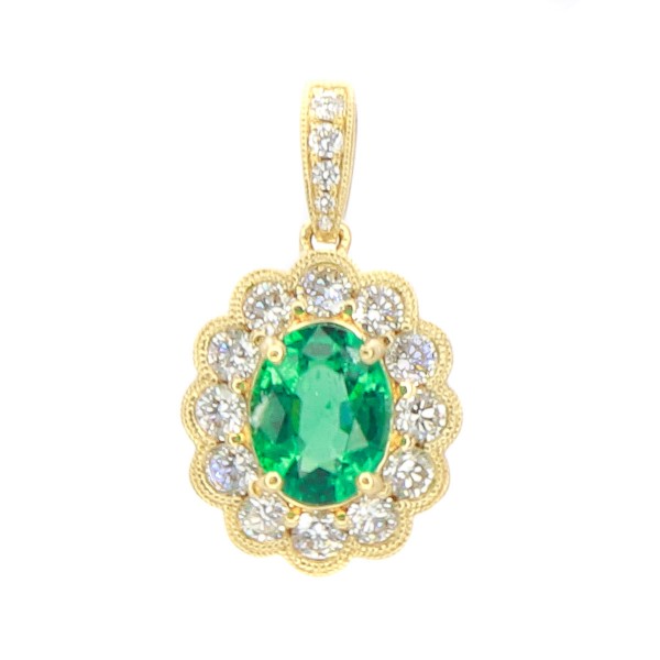 18K YELLOW GOLD DIAMOND & EMERALD OVAL PENDANT