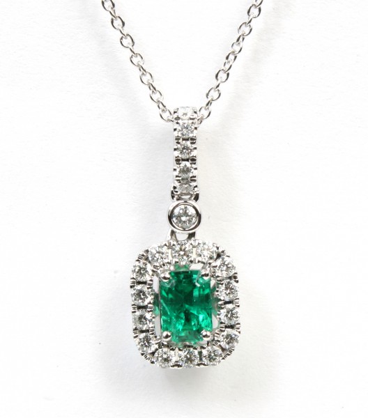 14K WHITE GOLD EMERALD AND DIAMOND HALO PENDANT