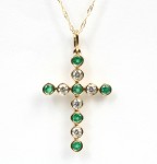 14K YELLOW GOLD DIAMOND & EMERALD CROSS