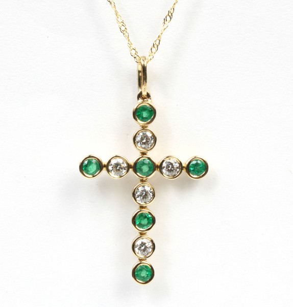 14K YELLOW GOLD DIAMOND & EMERALD CROSS