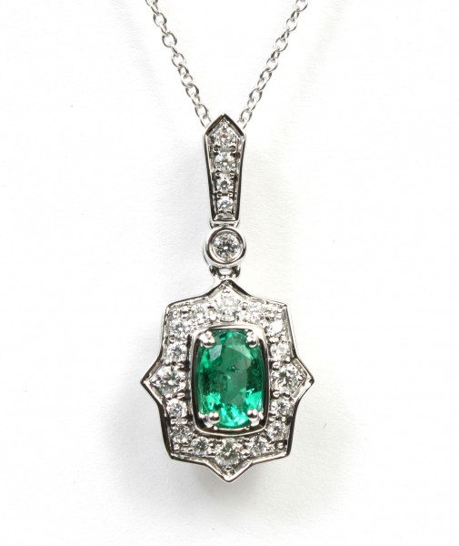 14K WHITE GOLD DIAMOND AND EMERALD PENDANT