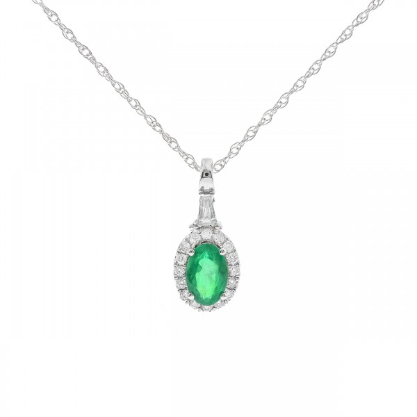 14K WHITE GOLD DIAMOND AND EMERALD PENDANT