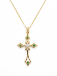 14K YELLOW DIAMOND EMERALD CROSS NECKLACE