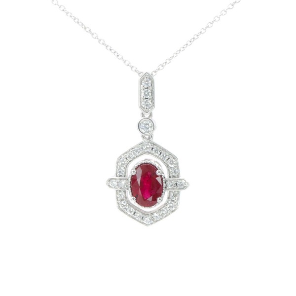14K WHITE GOLD DIAMOND & RUBY PENDANT NECKLACE