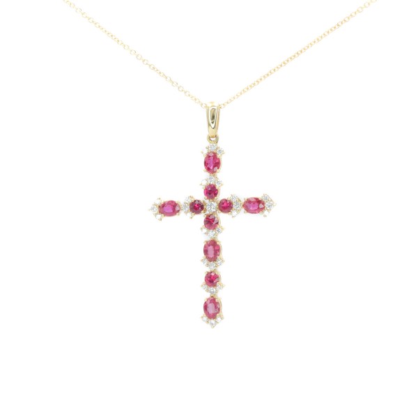 14K YELLOW GOLD DIAMOND & RUBY CROSS PENDANT