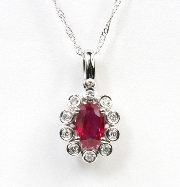 14K WHITE GOLD DIAMOND & RUBY OVAL PENDANT